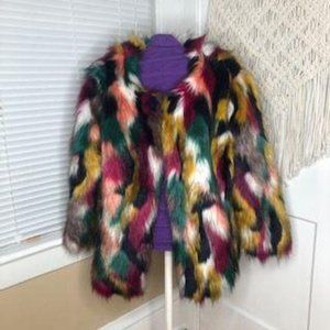 Shein Tie Dye Multi Color Print Faux Fur Jacket Co